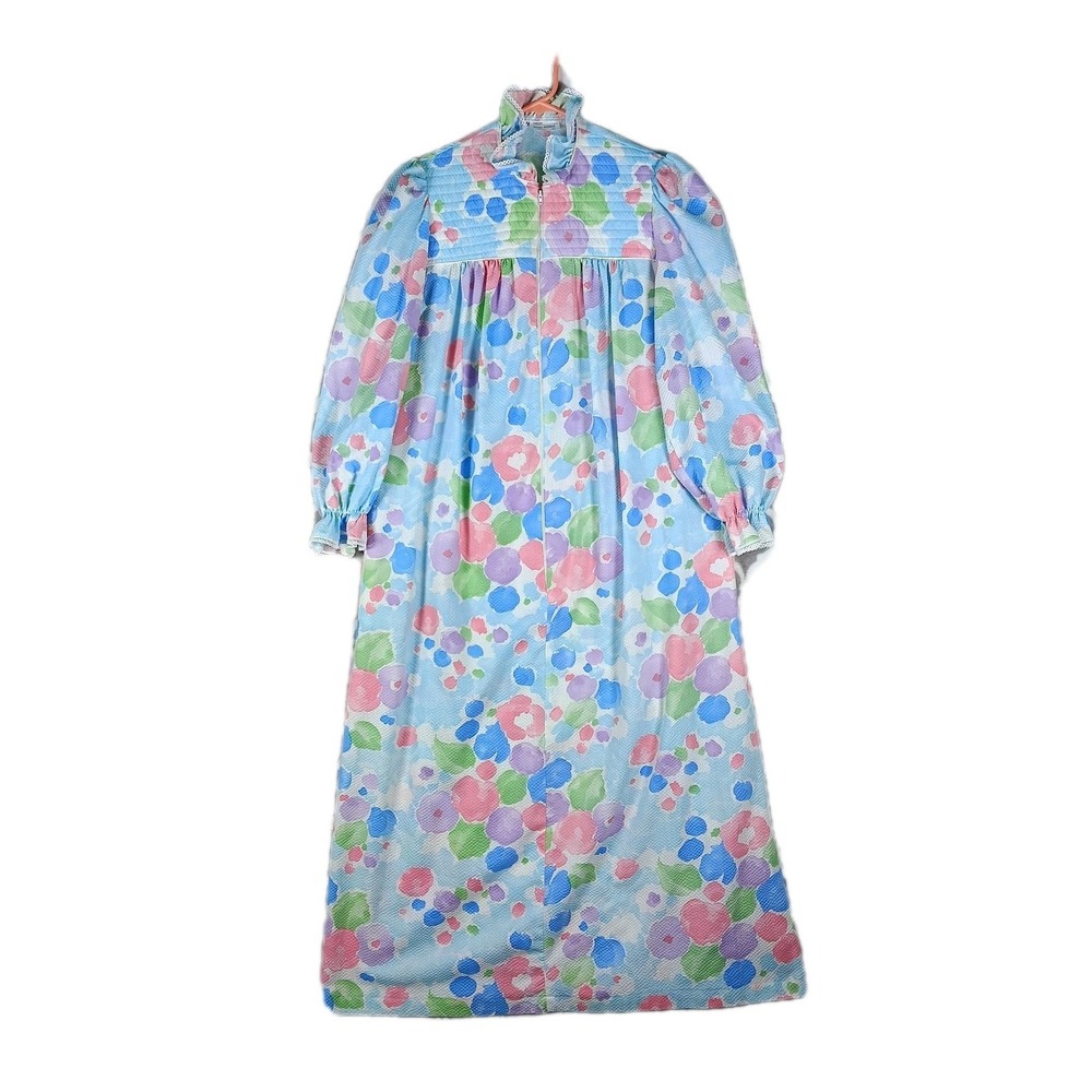 JCPenney Housecoat Size L Blue Floral Seersucker Half Zip Robe Lightweight VTG